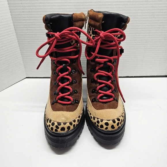 Gianni Bini Squad Goals Sz 6M Cheetah Calf Hair  Lace Up Lug Sole Boots - Picture 2 of 10